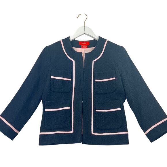 CO-OP Black Tweed Cropped Jacket Blazer Pink Trim Classic Old Money Timeless M - Picture 1 of 8